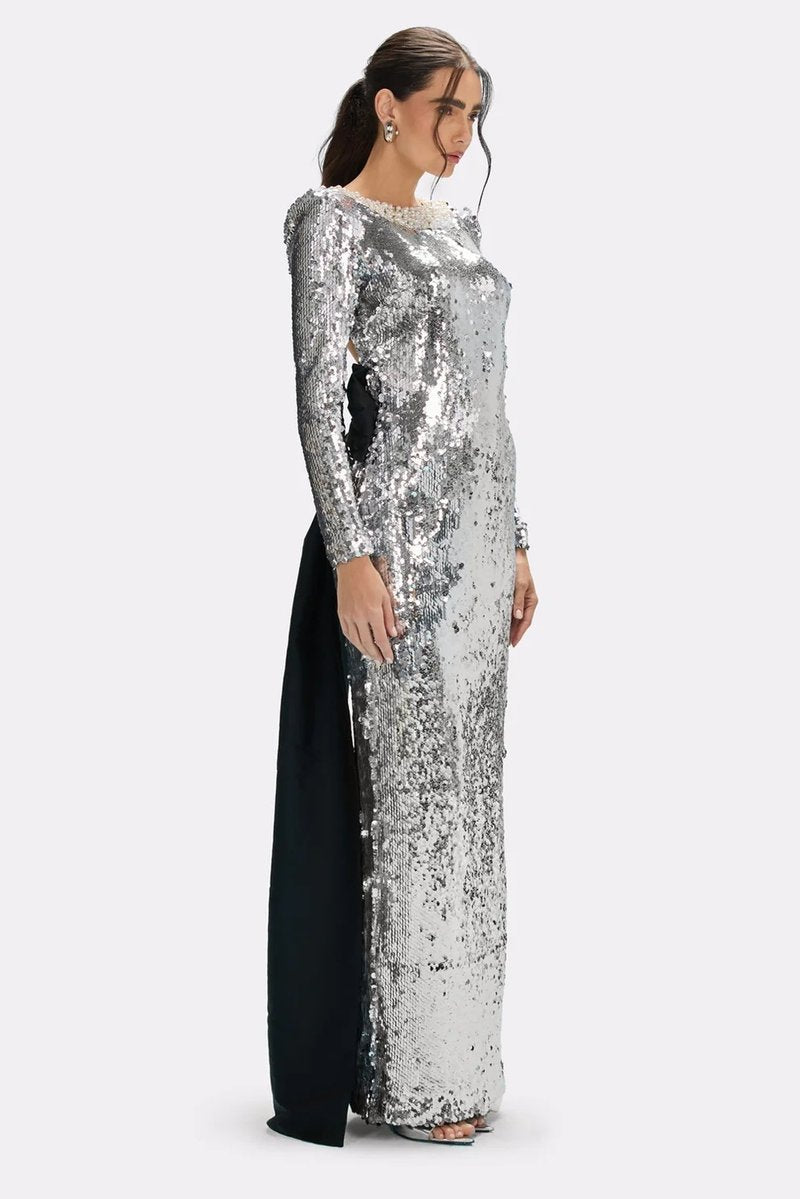 Sequined Backless Bow Maxi Dress H7120