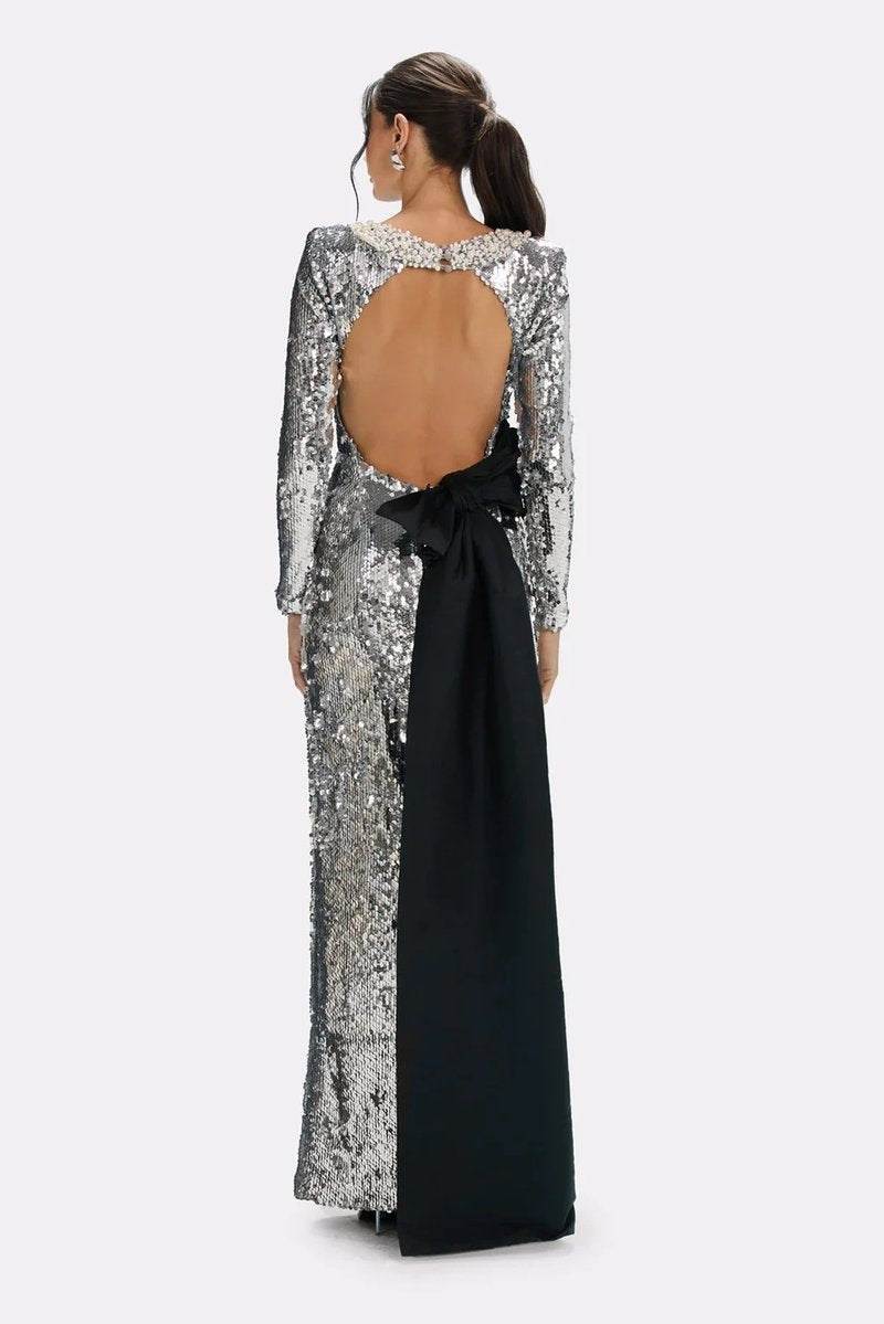 Sequined Backless Bow Maxi Dress H7120