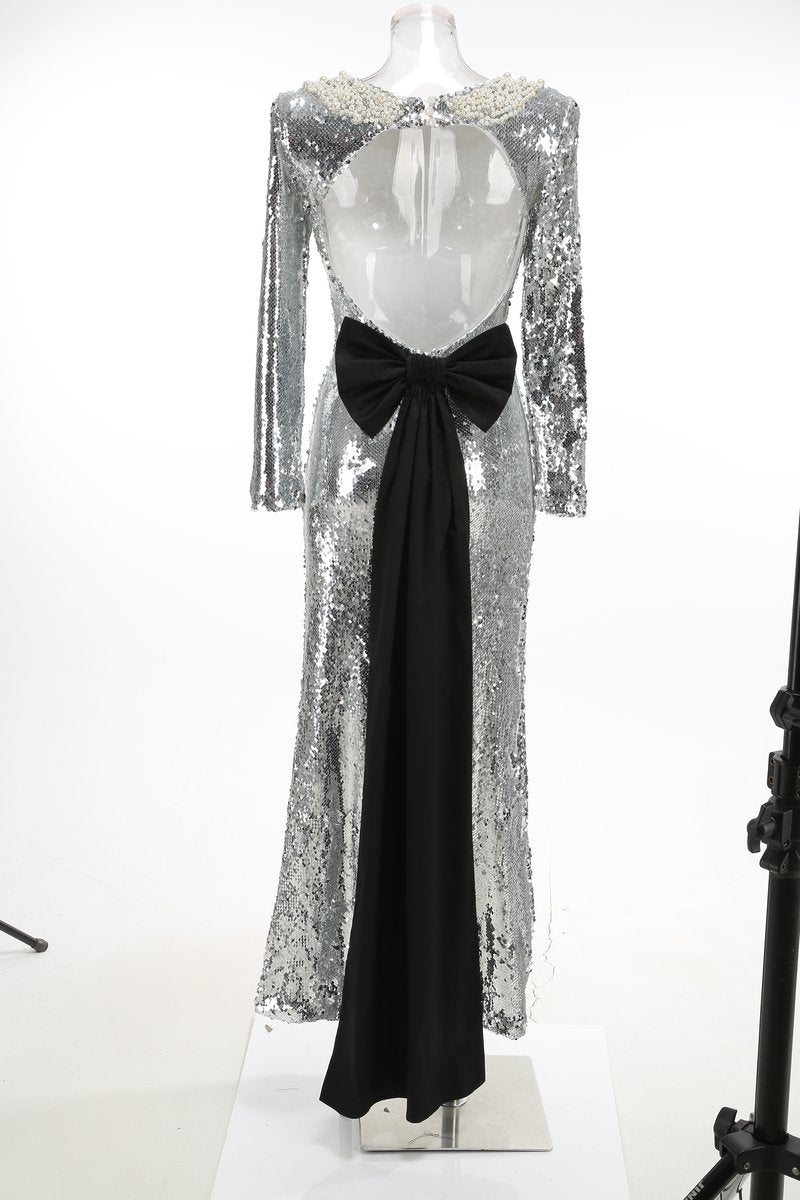 Sequined Backless Bow Maxi Dress H7120