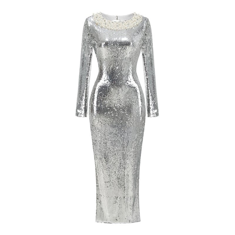 Sequined Backless Bow Maxi Dress H7120