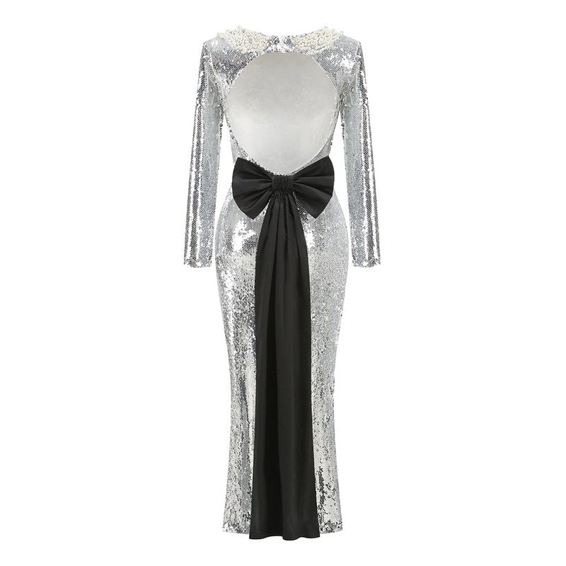 Sequined Backless Bow Maxi Dress H7120