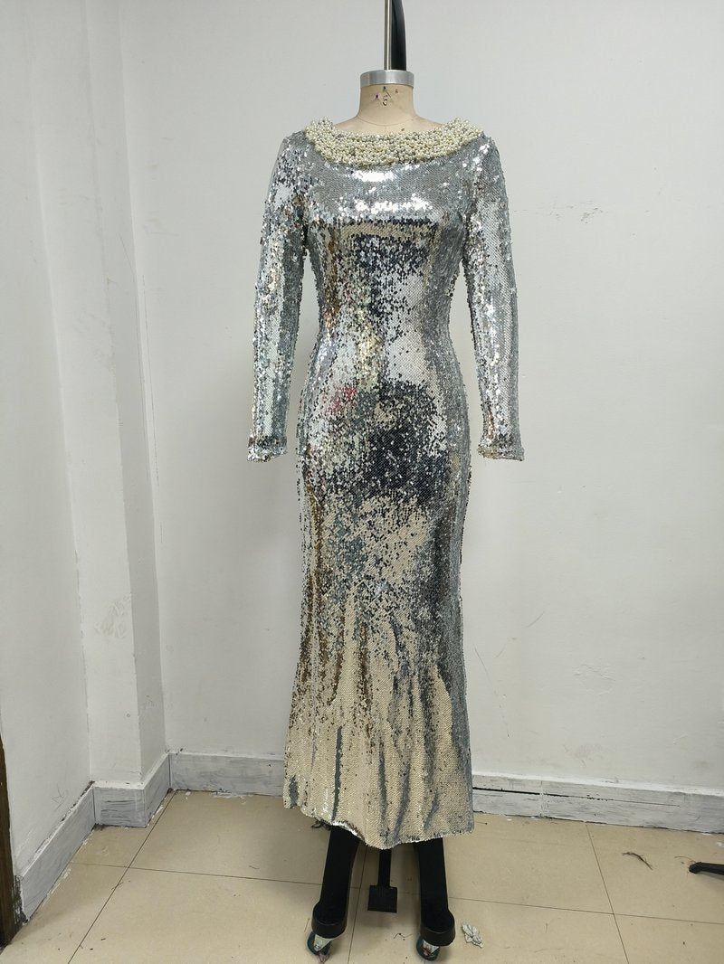 Sequined Backless Bow Maxi Dress H7120