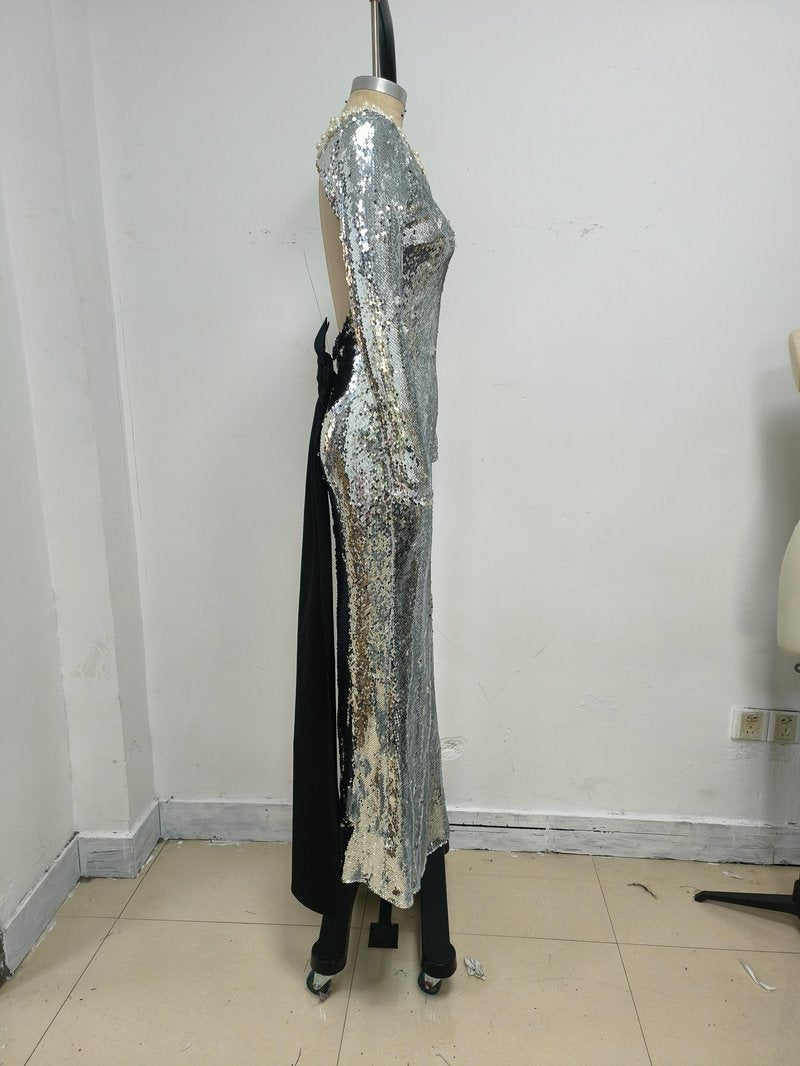Sequined Backless Bow Maxi Dress H7120