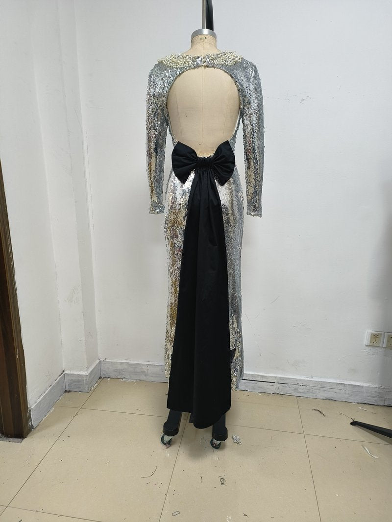 Sequined Backless Bow Maxi Dress H7120