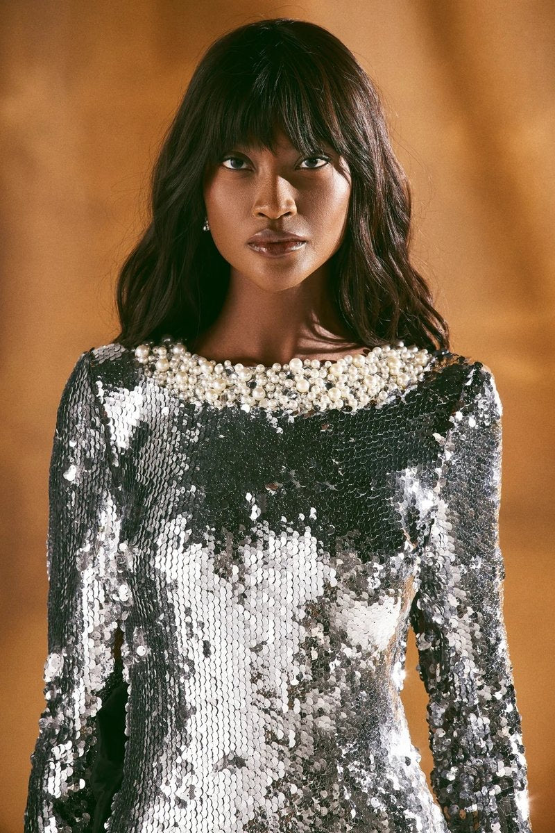 Sequined Backless Gown with Black Bow H7120