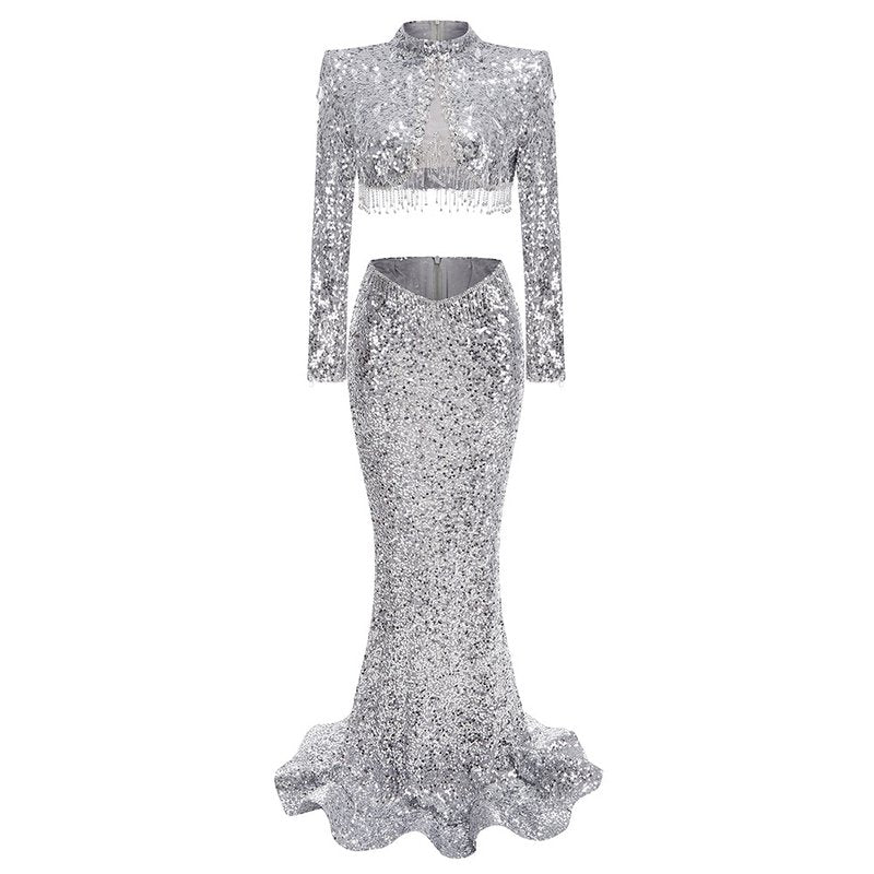 Sequined Crop Top Mermaid Gown H6593
