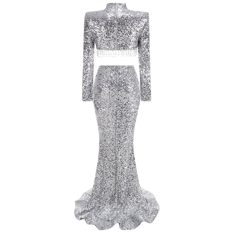 Sequined Crop Top Mermaid Gown H6593