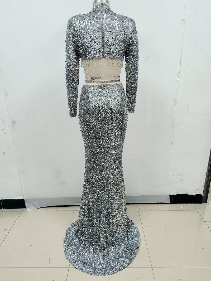Sequined Crop Top Mermaid Gown H6593