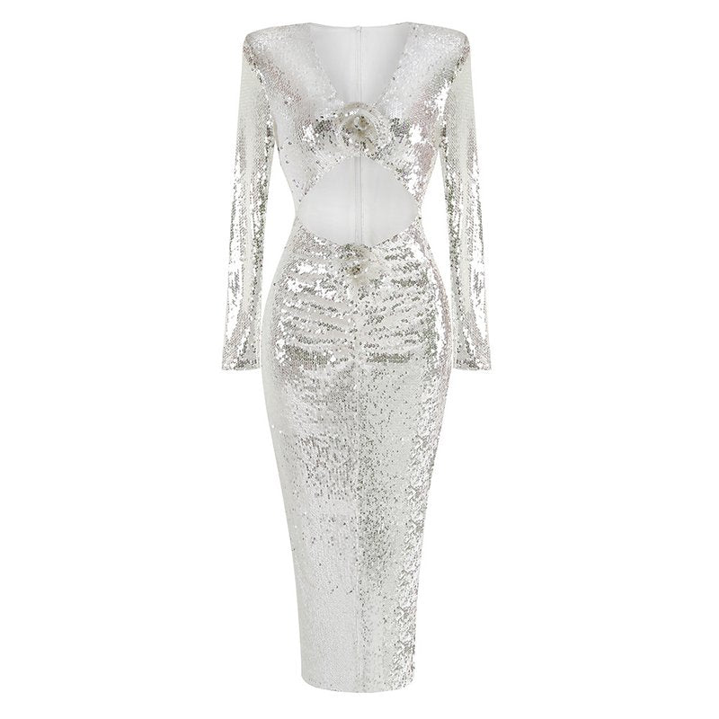 Sequined Cut-Out Long Sleeve Gown H6220