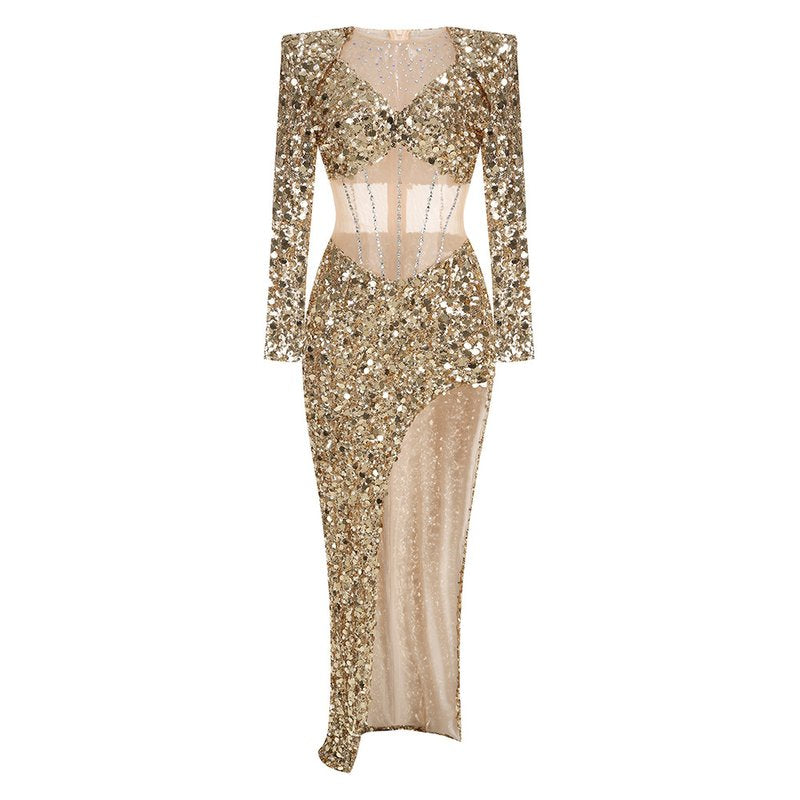 Sequined Cutout Long Sleeve Gown H6566