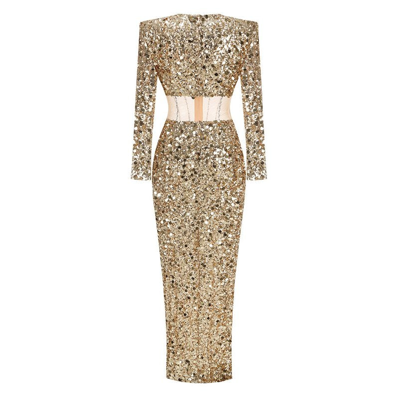 Sequined Cutout Long Sleeve Gown H6566