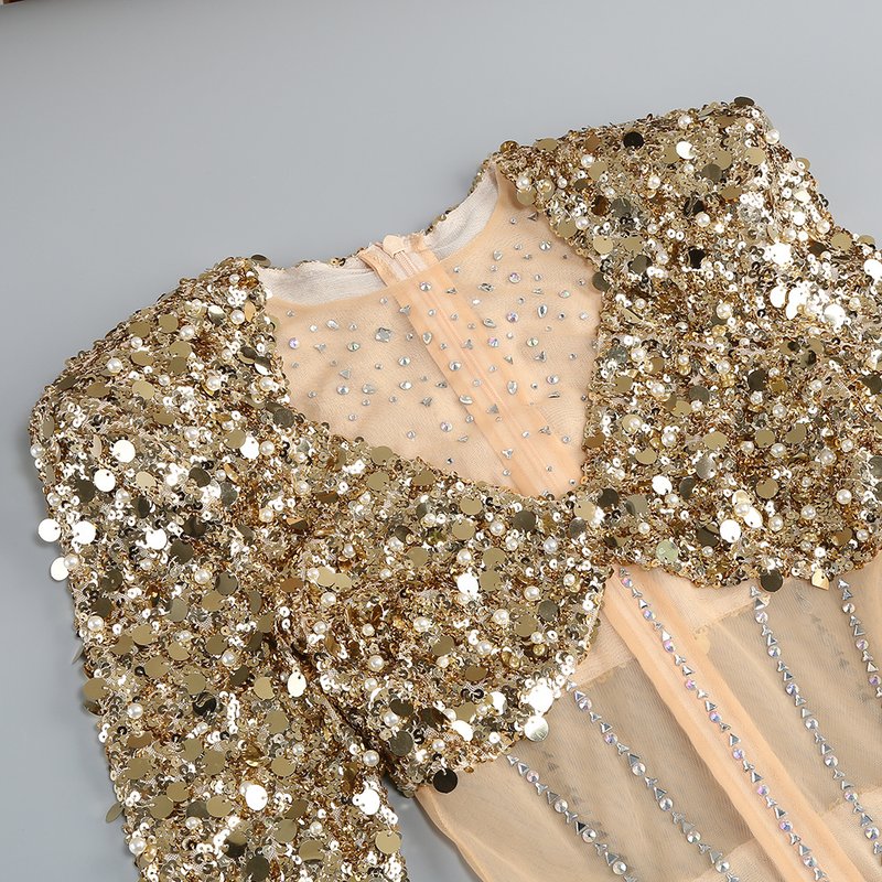 Sequined Cutout Long Sleeve Gown H6566