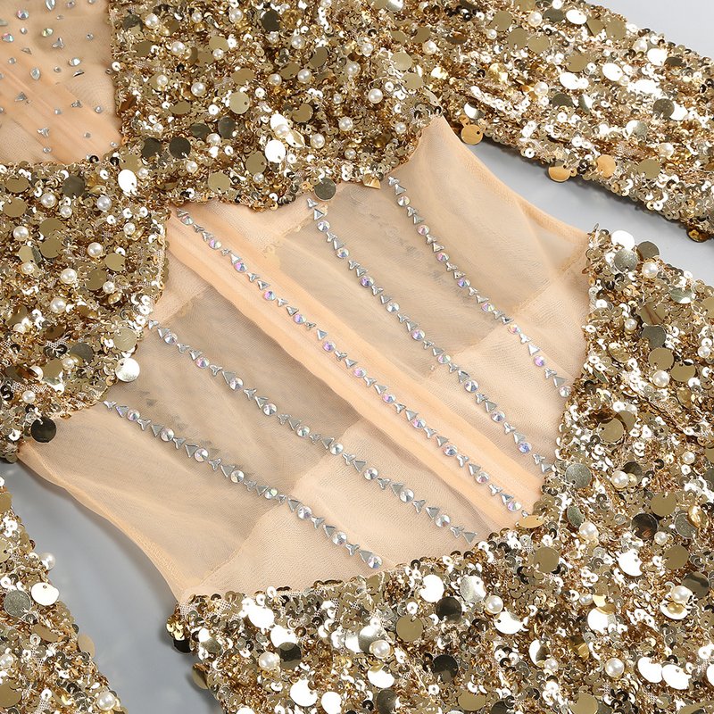 Sequined Cutout Long Sleeve Gown H6566