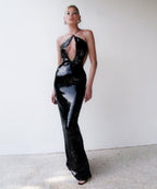 Sequined Deep V-Neck Halter Gown H5999