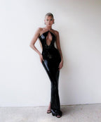 Sequined Deep V-Neck Halter Gown H5999