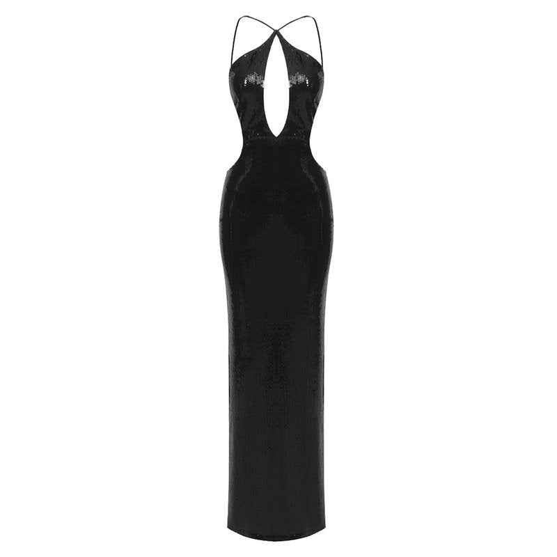 Sequined Deep V-Neck Halter Gown H5999