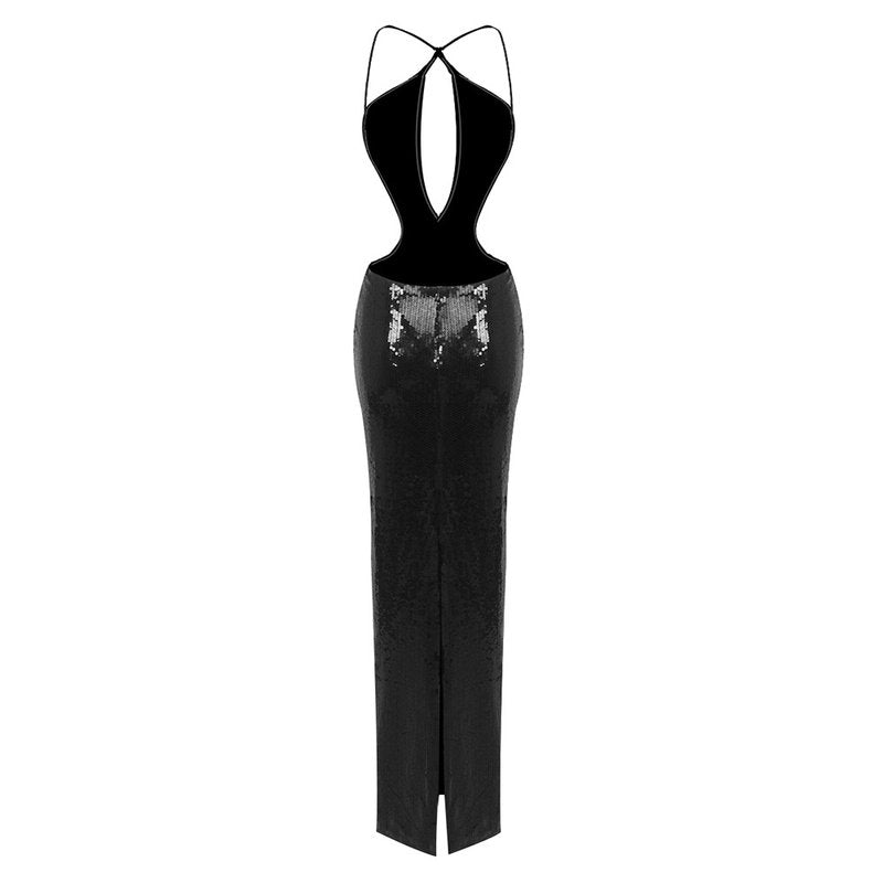 Sequined Deep V-Neck Halter Gown H5999