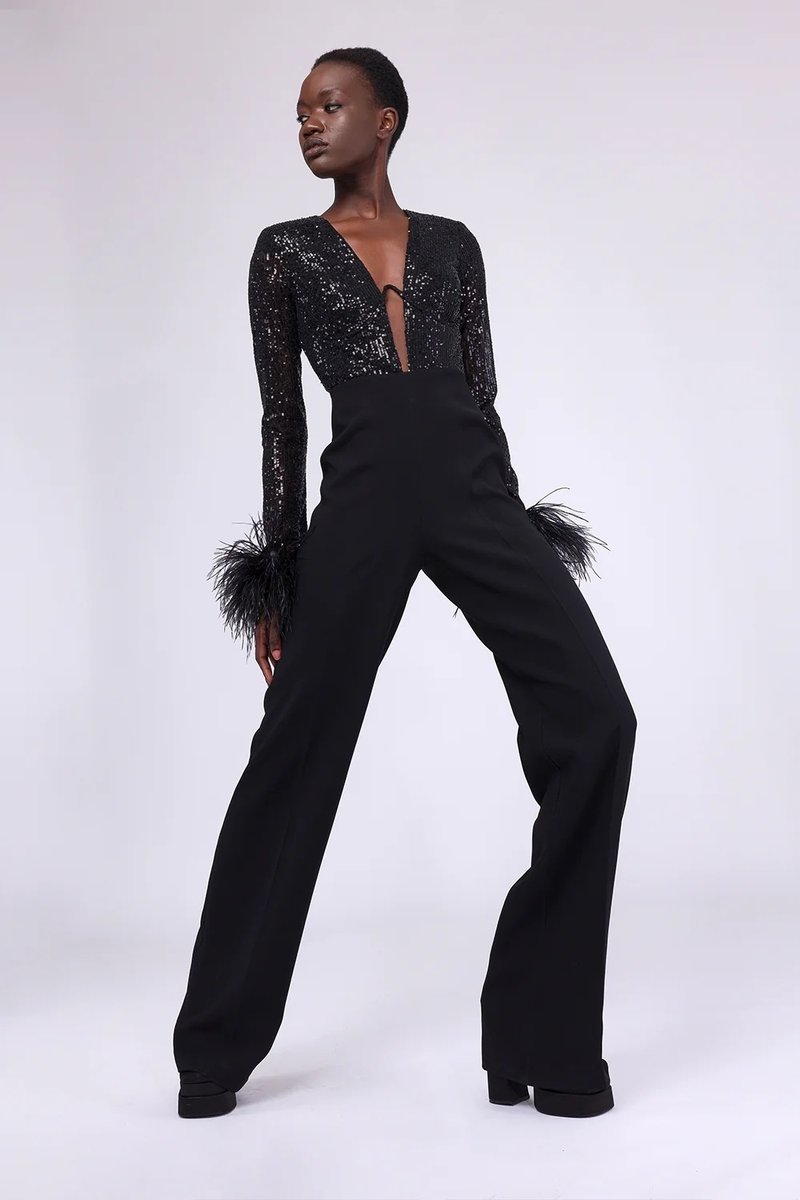 Sequined Feather Sleeve Jumpsuit H6178