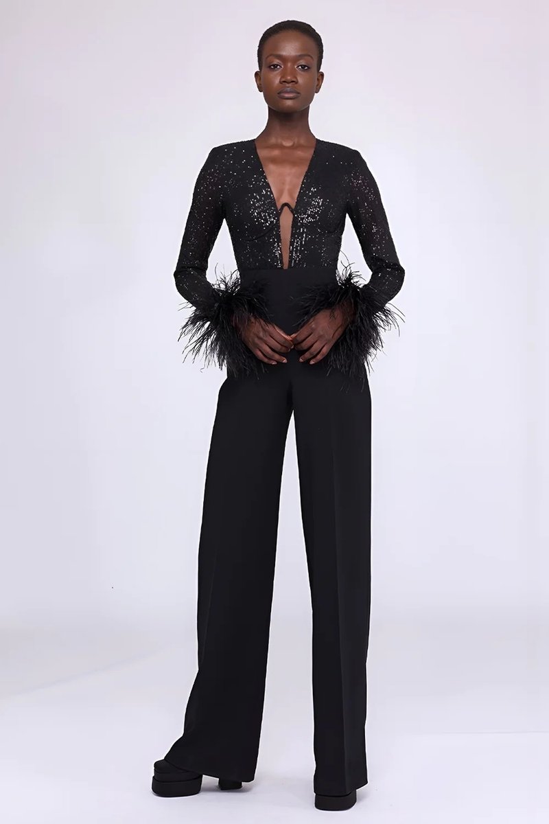 Sequined Feather Sleeve Jumpsuit H6178