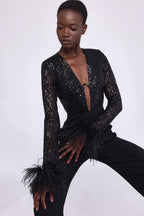 Sequined Feather Sleeve Jumpsuit H6178