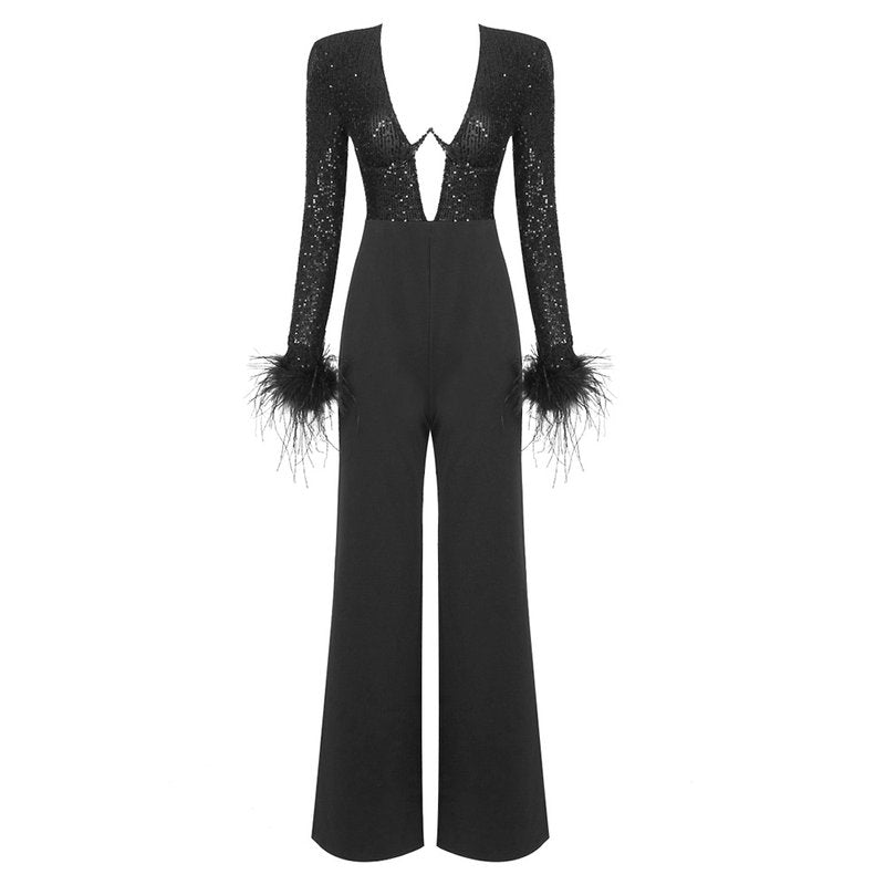 Sequined Feather Sleeve Jumpsuit H6178