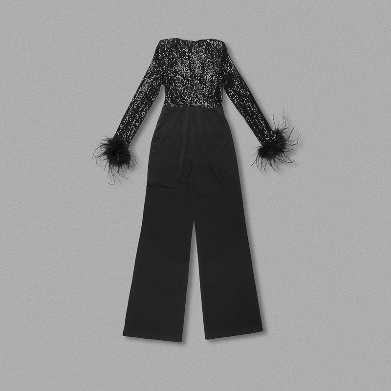 Sequined Feather Sleeve Jumpsuit H6178