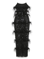 Sequined Feather Tiered Maxi Dress H7142