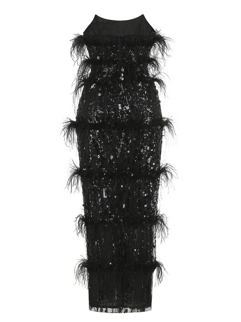Sequined Feather Tiered Maxi Dress H7142