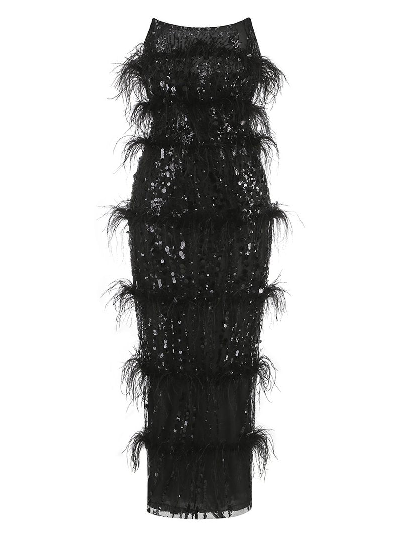 Sequined Feather Tiered Maxi Dress H7142