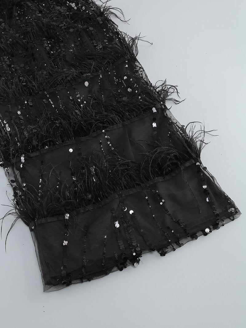 Sequined Feather Tiered Maxi Dress H7142