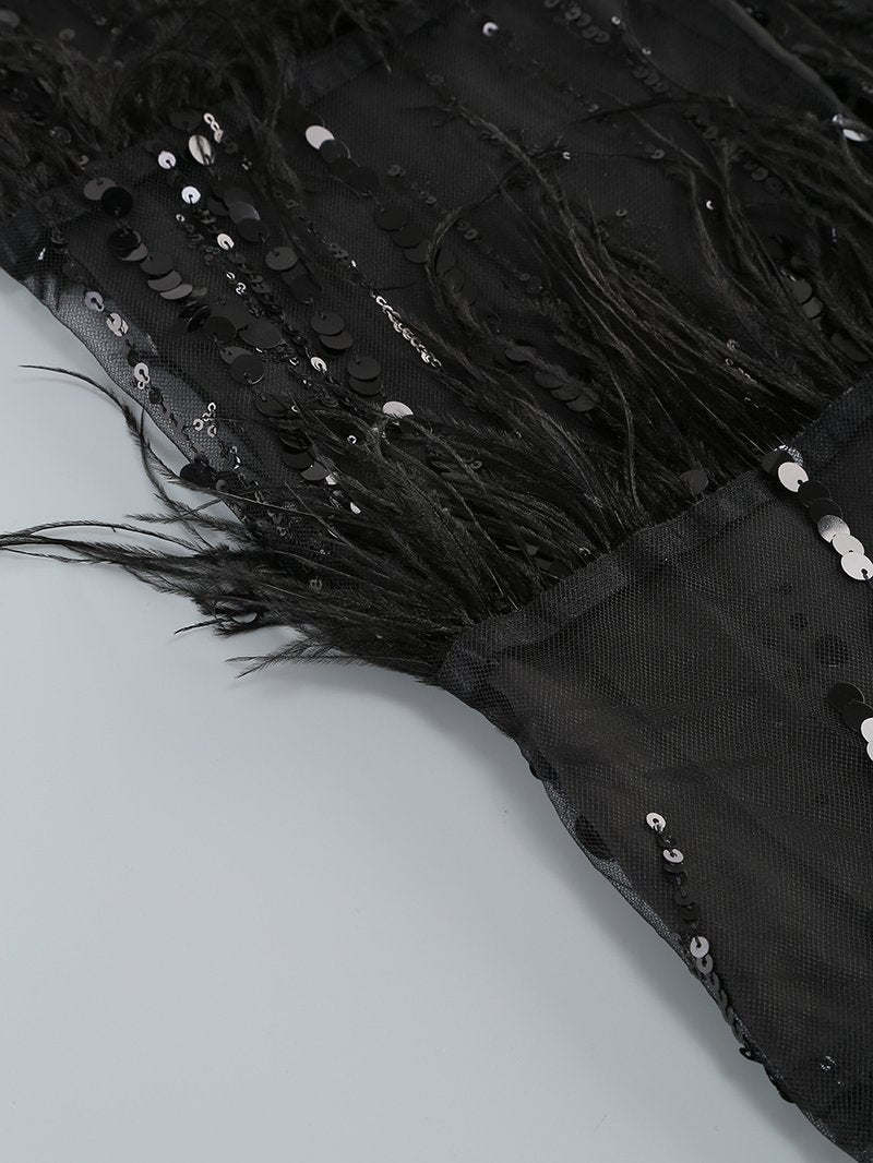 Sequined Feather Tiered Maxi Dress H7142