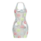 Sequined Floral Halter Mini Dress H6664