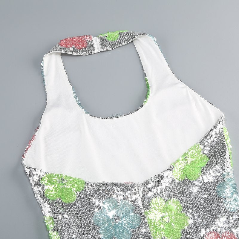 Sequined Floral Halter Mini Dress H6664