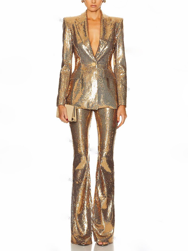 Sequined Gold Blazer & Flare Pants Set H6742