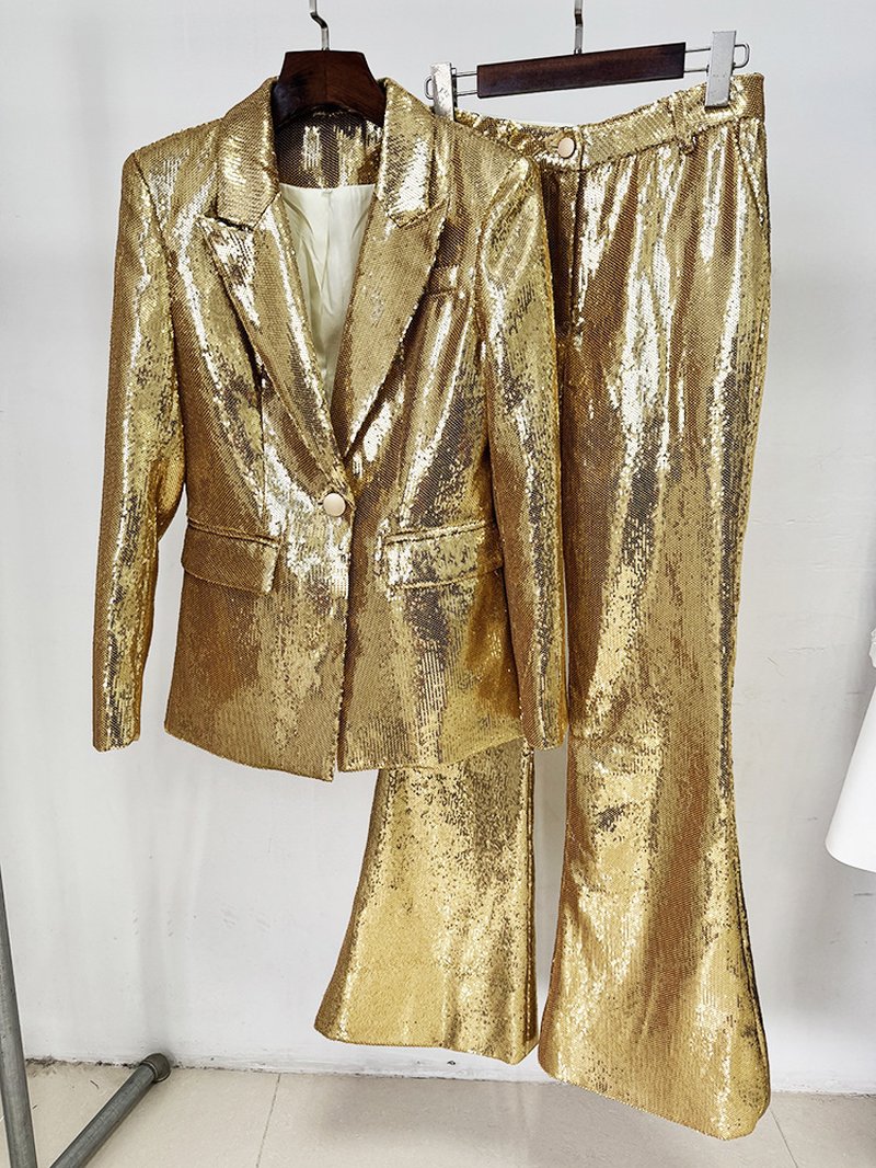 Sequined Gold Blazer & Flare Pants Set H6742