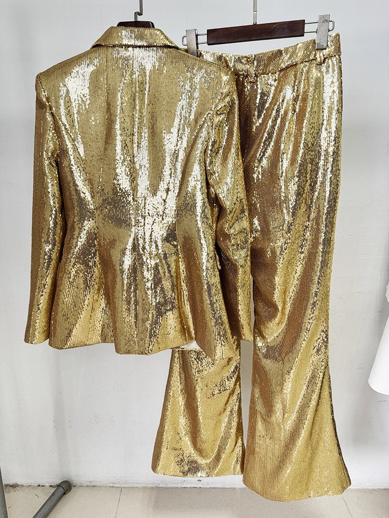 Sequined Gold Blazer & Flare Pants Set H6742