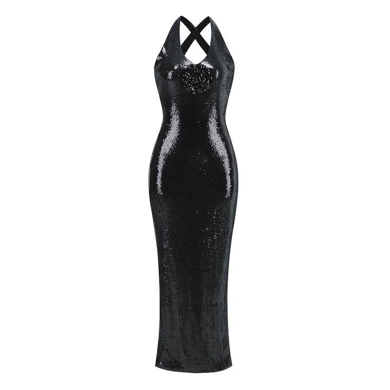Sequined Halter Neck Maxi Dress H6253