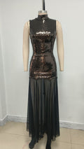 Sequined High Neck Sheer Maxi Dress H6705