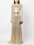 Sequined Long Sleeve Gold Maxi Dress H6731