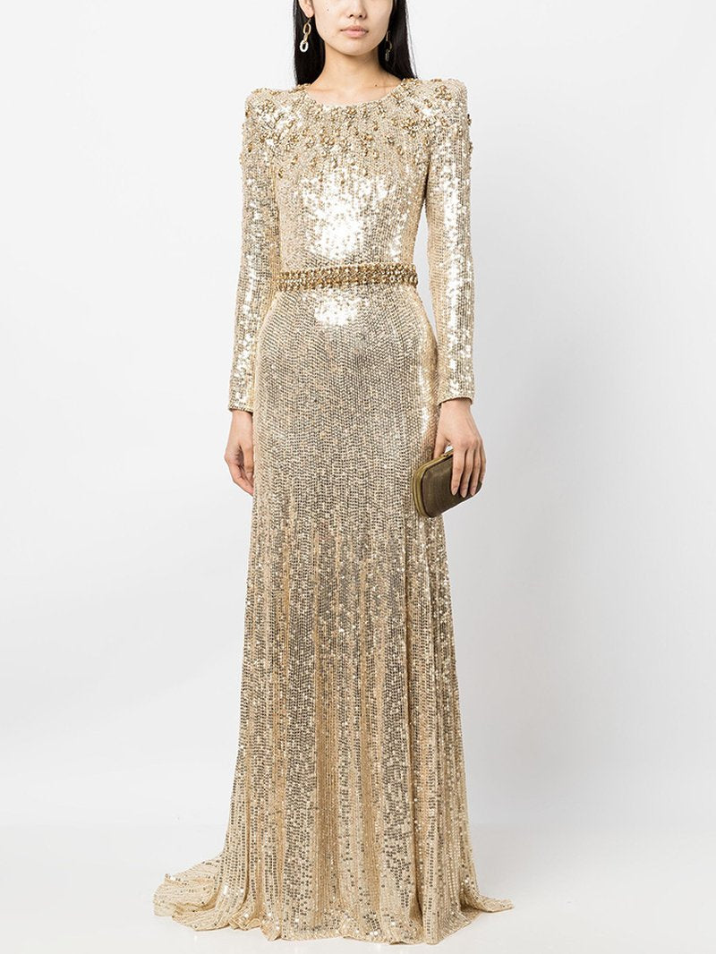 Sequined Long Sleeve Gold Maxi Dress H6731