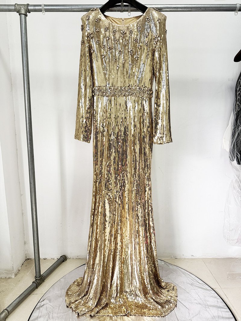 Sequined Long Sleeve Gold Maxi Dress H6731