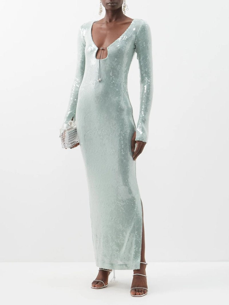 Sequined Long Sleeve Maxi Dress H5550