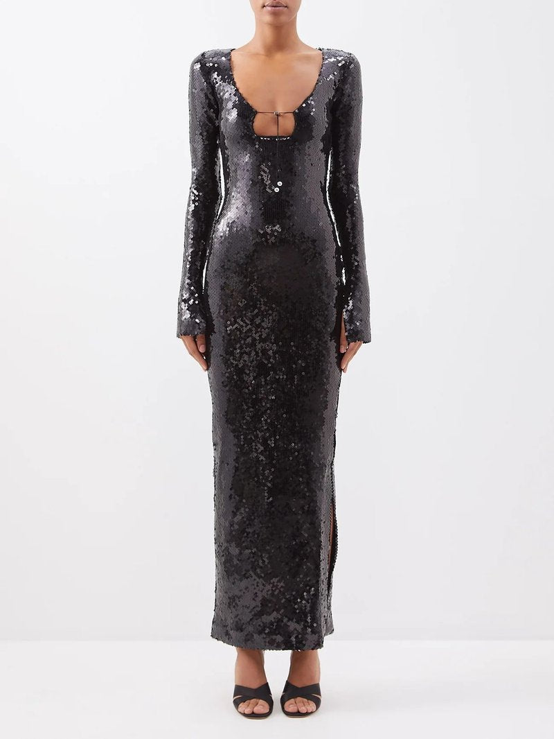 Sequined Long Sleeve Maxi Dress H5550