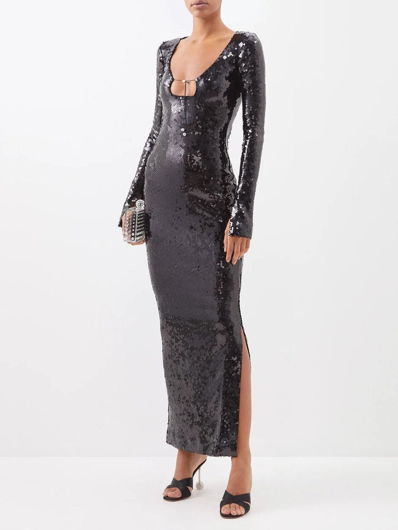 Sequined Long Sleeve Maxi Dress H5550