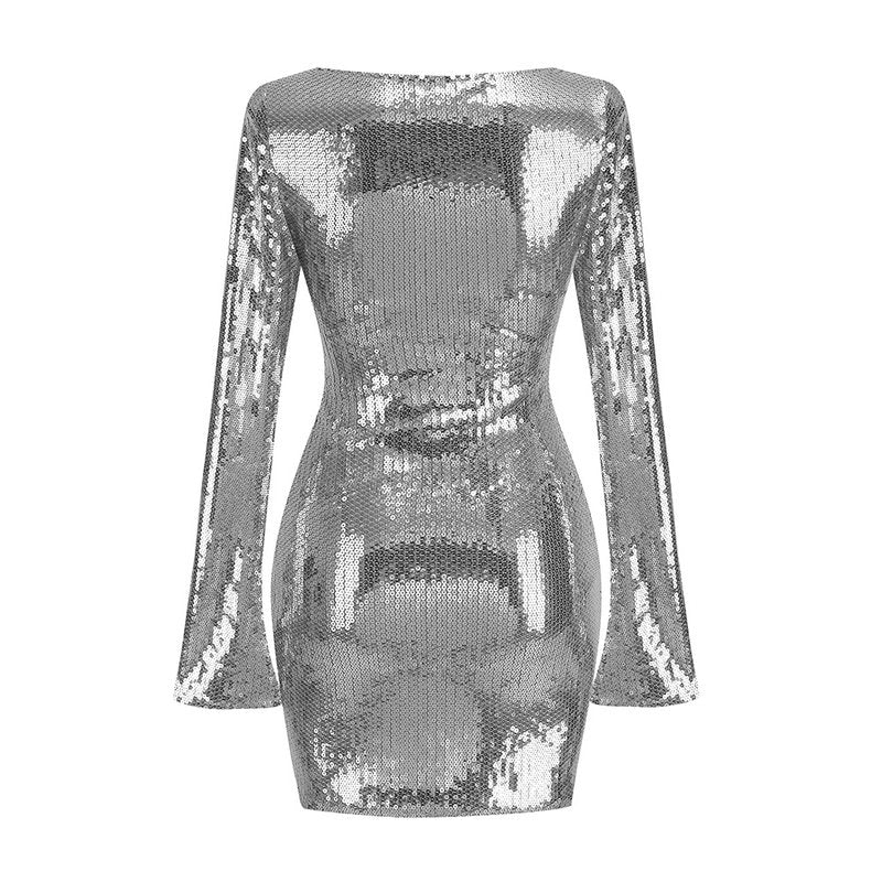 Sequined Long Sleeve Mini Dress H6065