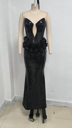 Sequined Mermaid Gown with Floral Embellishment H6711