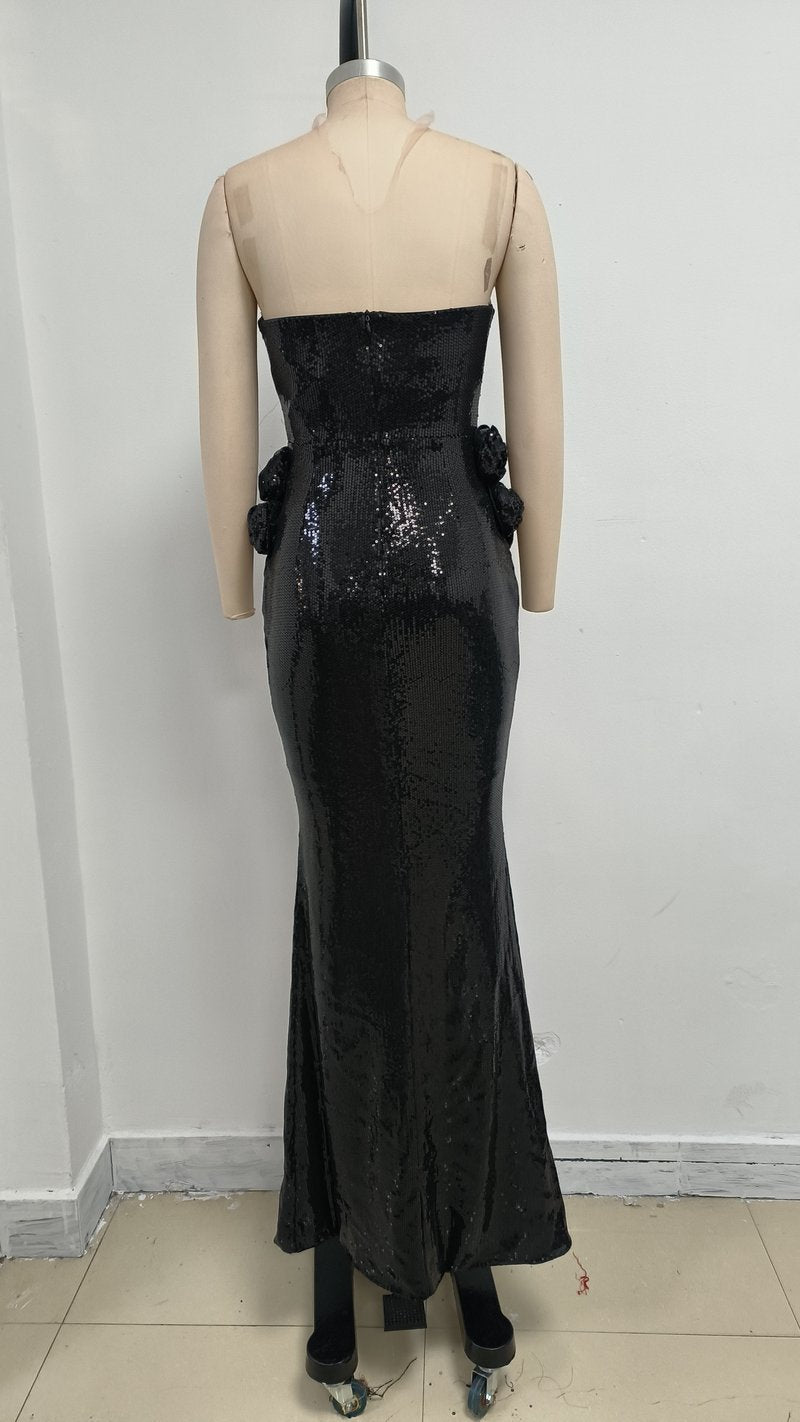 Sequined Mermaid Gown with Floral Embellishment H6711
