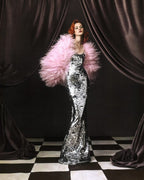 Sequined Mermaid Gown with Pink Feather Cape H6787