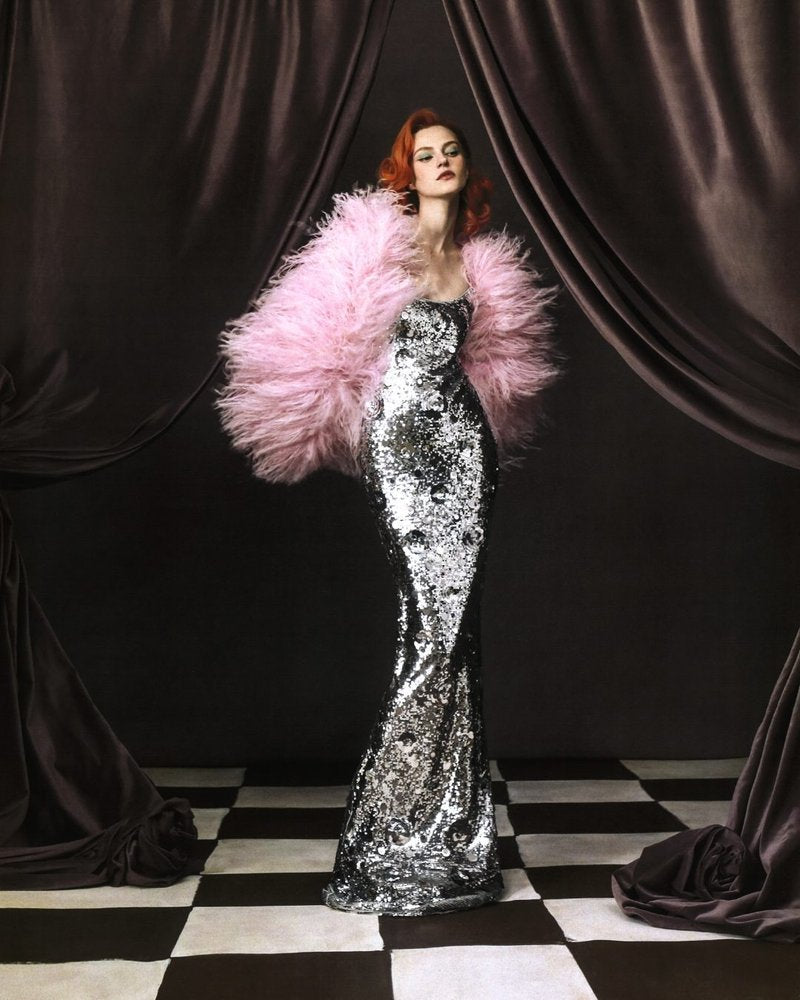 Sequined Mermaid Gown with Pink Feather Cape H6787