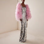 Sequined Mermaid Gown with Pink Feather Cape H6787